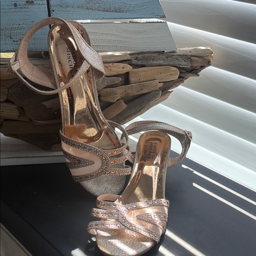 Girls Badgley Mischka Rose Gold Dressy Sandals - Glitter Strappy Heels- Size 5